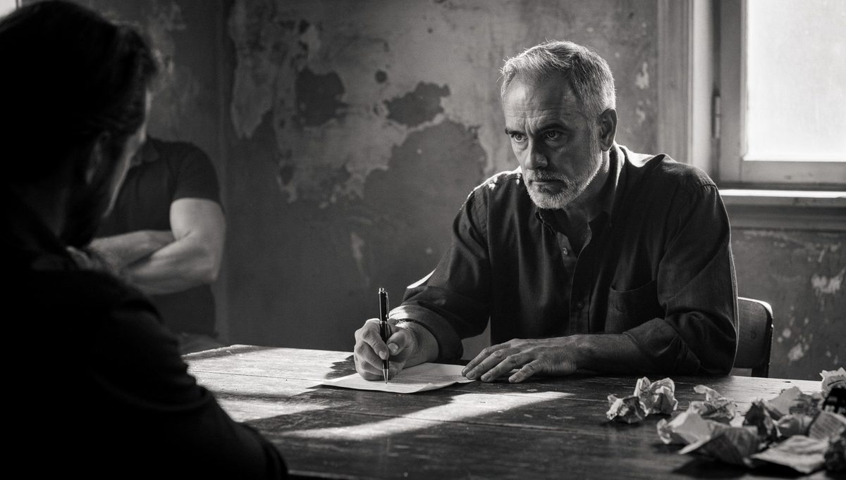 Two people mid-negotiation anchoring a new position across table