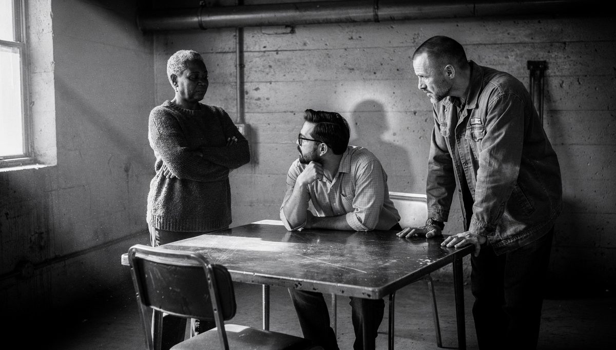 Three workers rebuilding team synergy after conflict, industrial setting