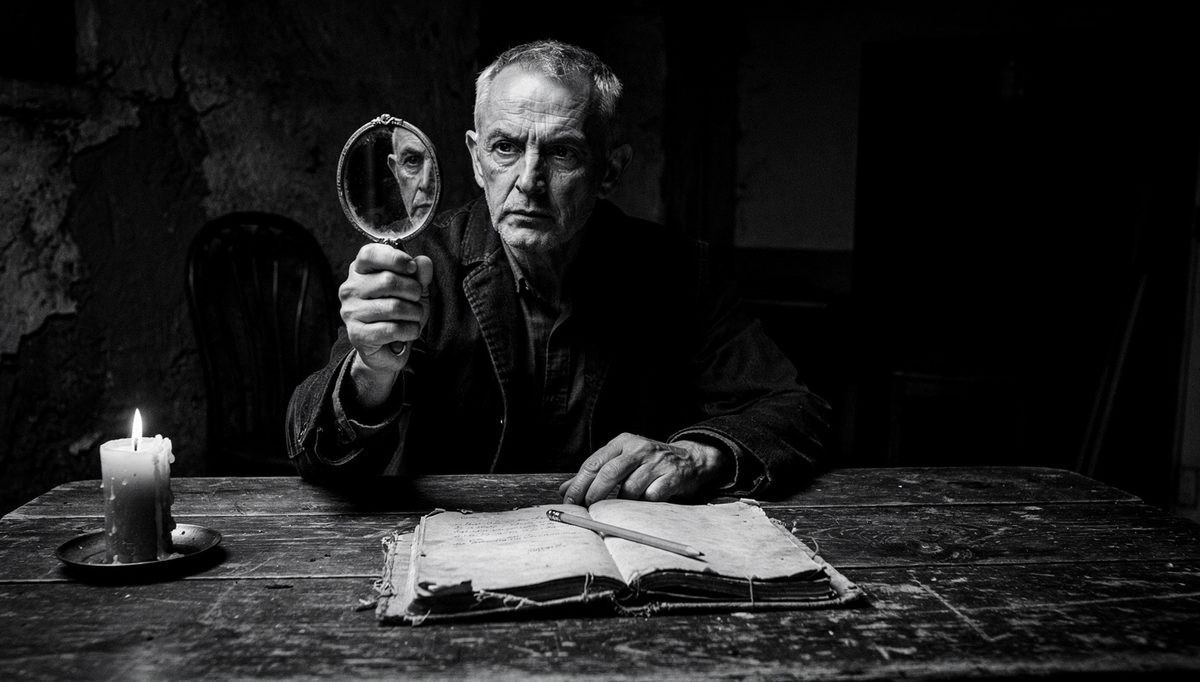 Man examining reflection, recognizing strengths blind spots through self-awareness