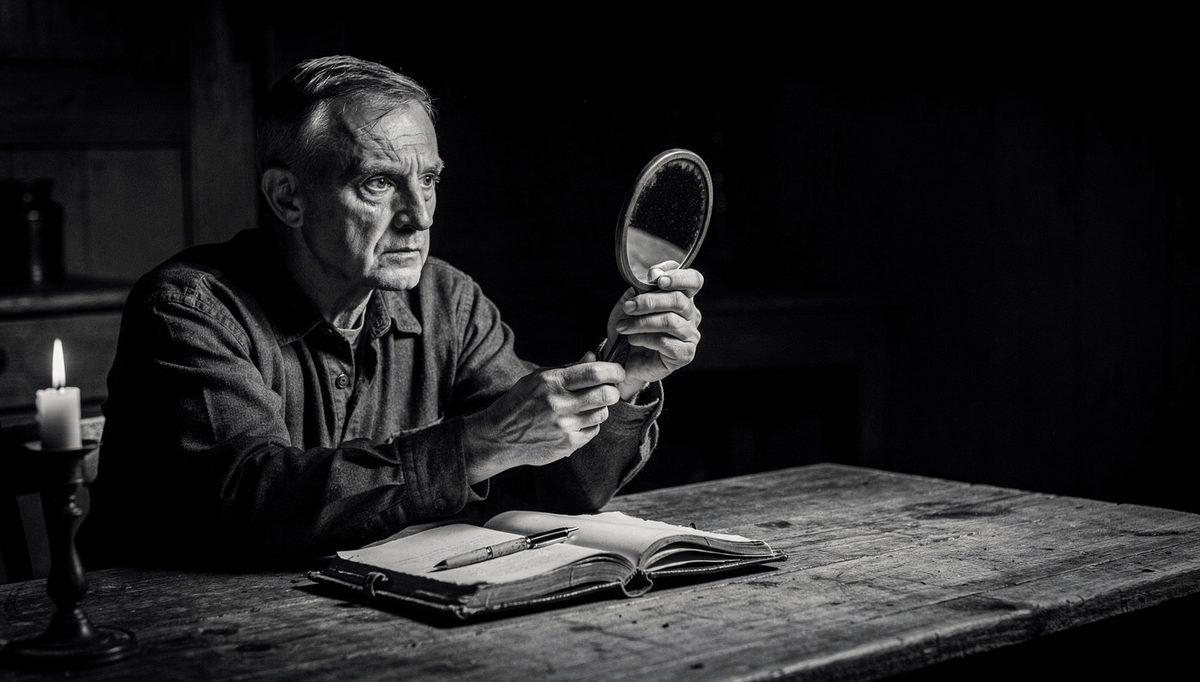 Man examining reflection, recognizing strengths blind spots through self-awareness