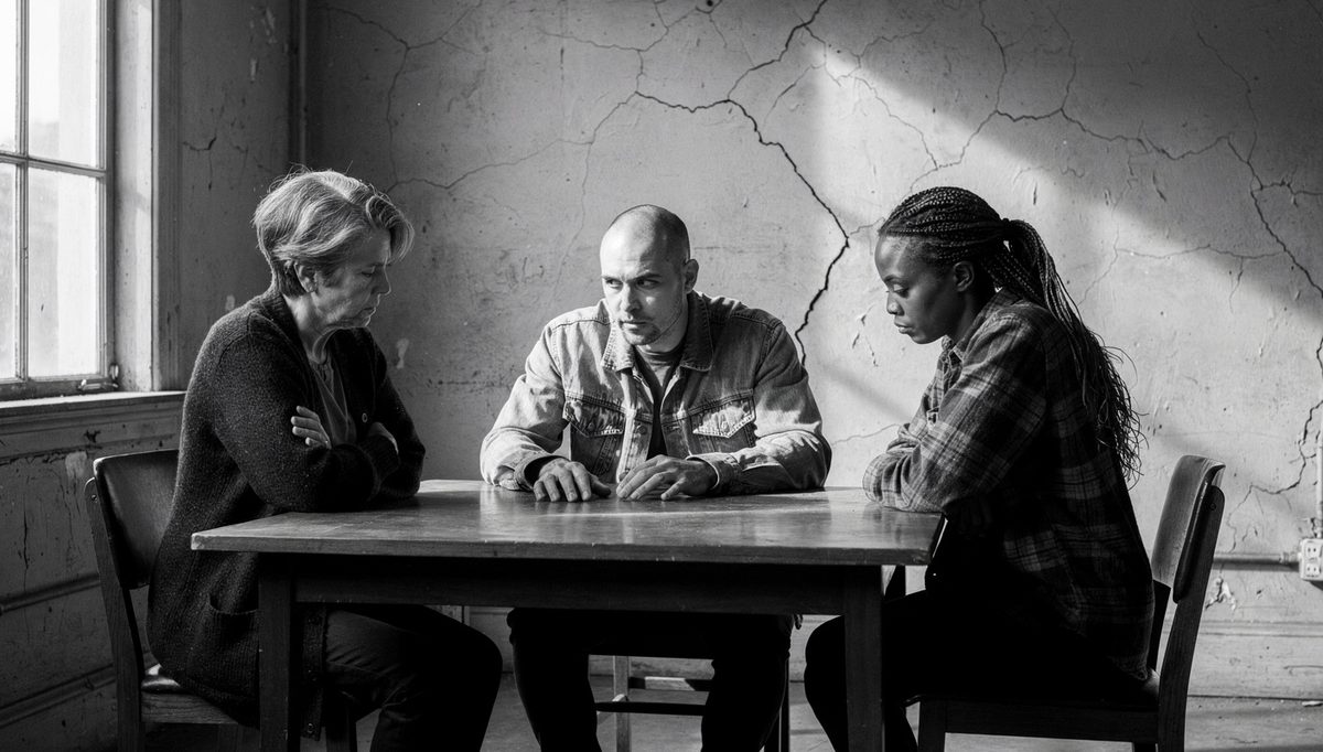 Three colleagues in tense silence, recovering team synergy after conflict