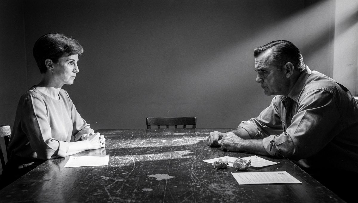 Two people in tense conflict in negotiation across table