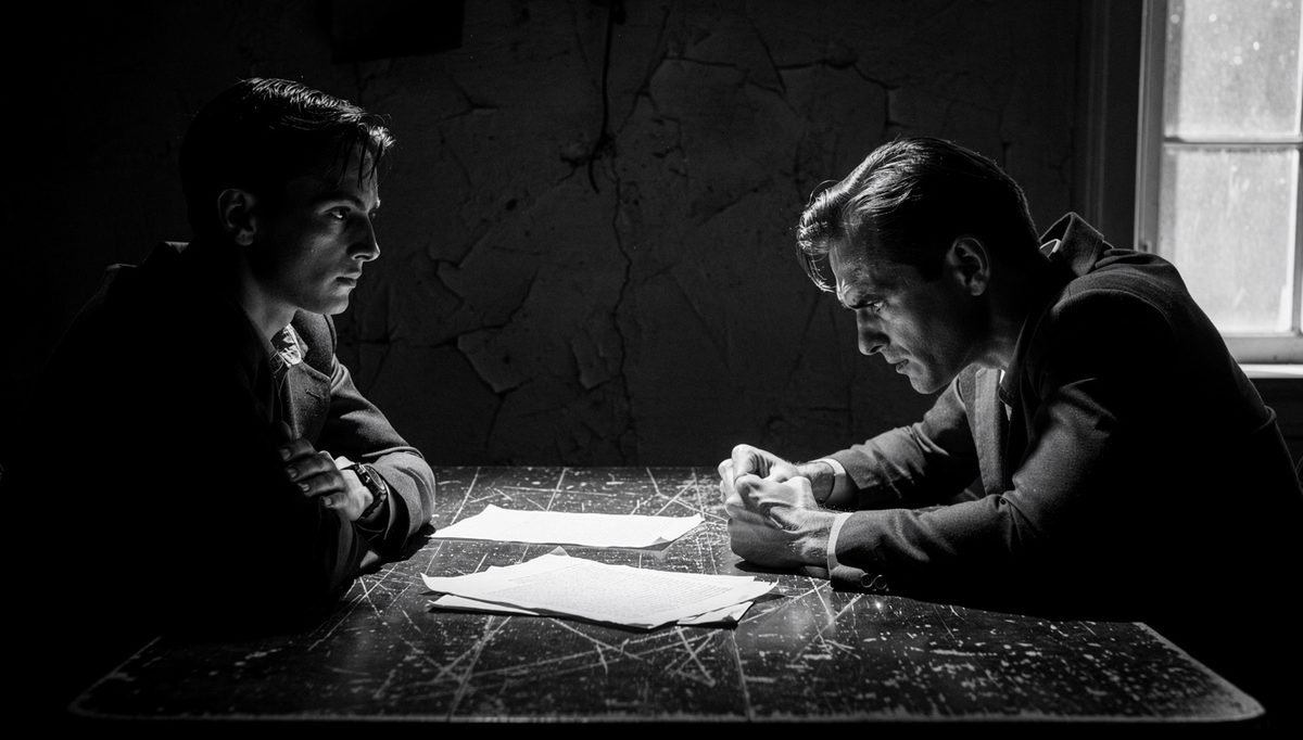 Two people in tense relationship conflict negotiation across table