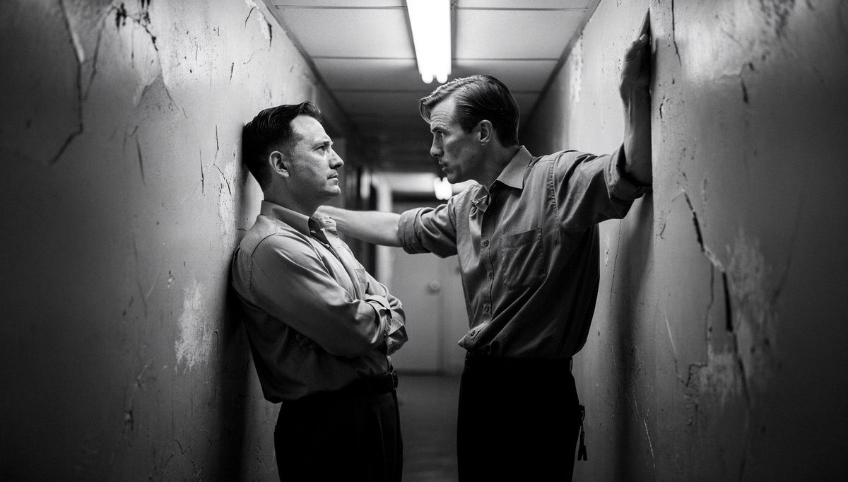 Two colleagues in tense difficult colleague conversation in corridor