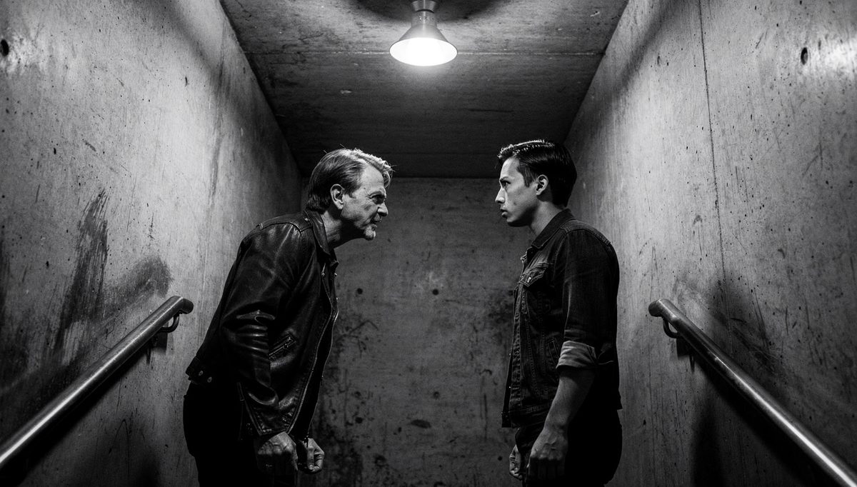 Two people in tense confrontation, demonstrating emotional control strategies