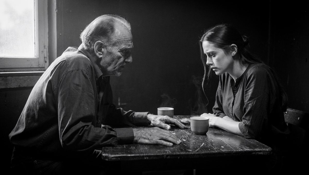 Man practicing patient hearing with emotionally distressed woman across table