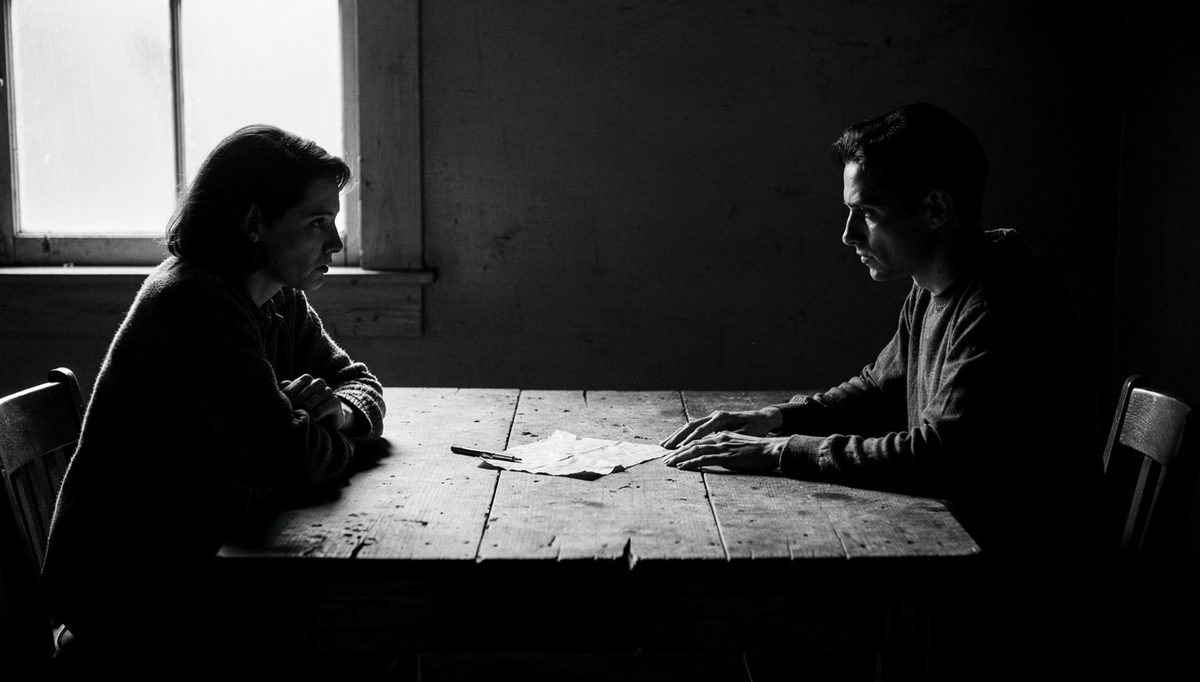 Two figures in tense silence during a mediation session