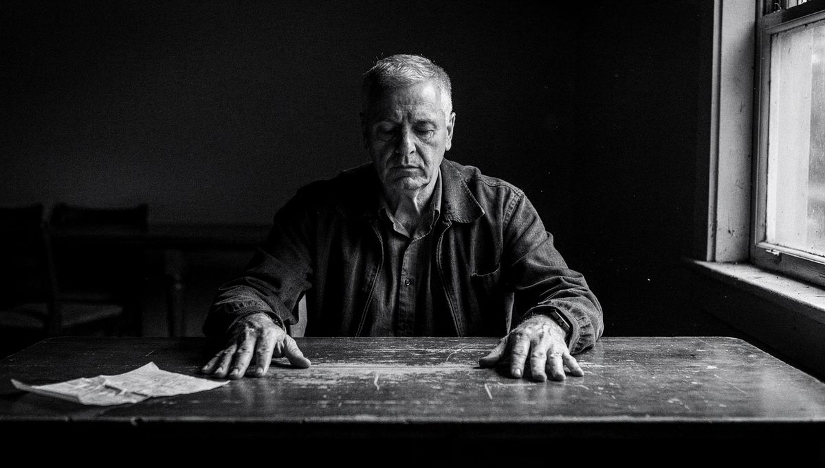 Man pausing at table to regain emotional control during conflict