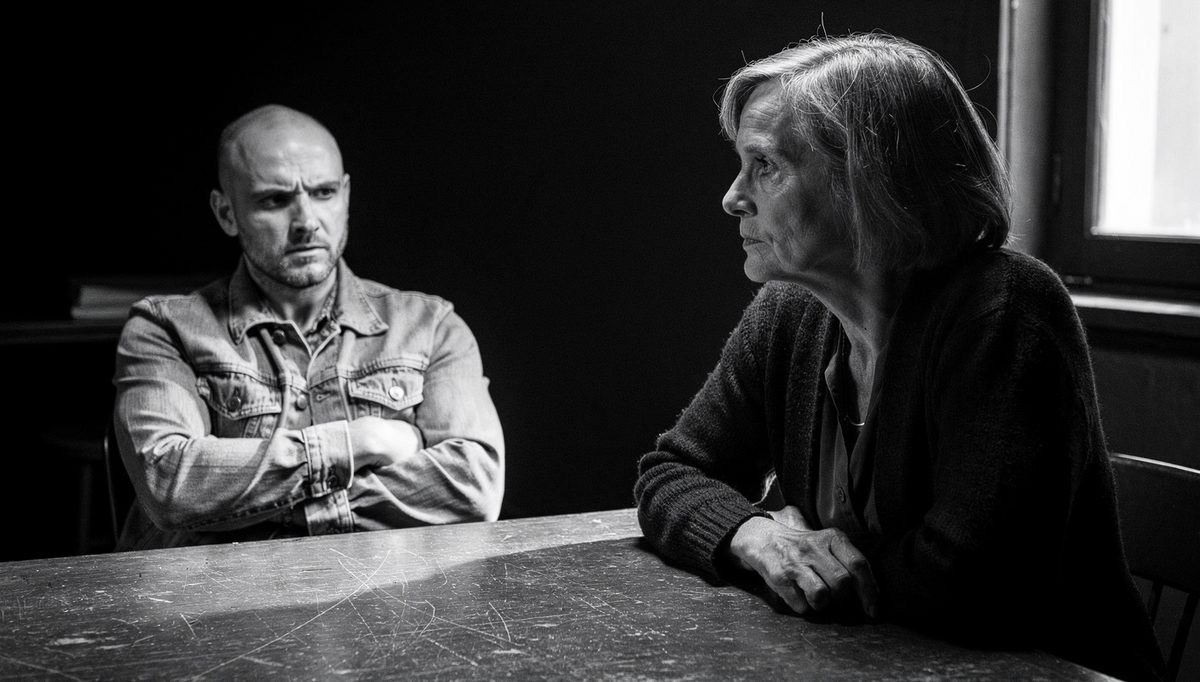 Two people in tense C.O.R.E. framework feedback conversation