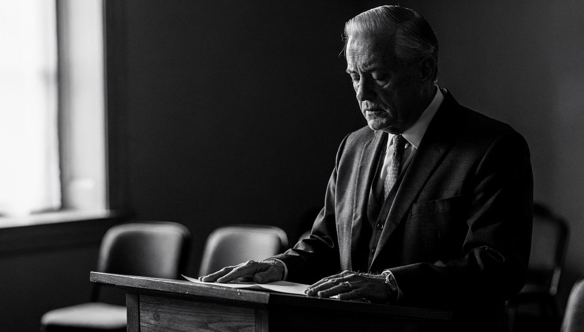 Leader at lectern preparing leadership voice eulogy for colleague