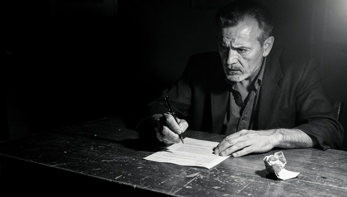 Man writing conflict resolution email at weathered desk, focused gaze
