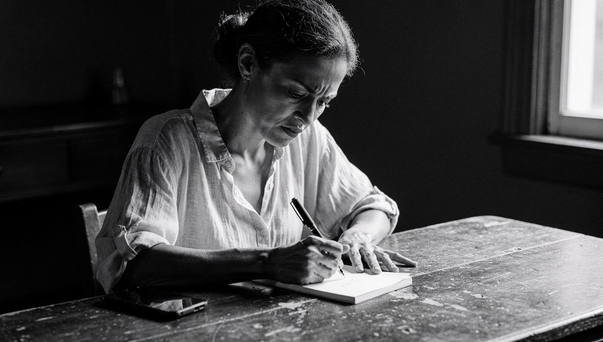 Woman writing a tension-resolving message at a wooden desk