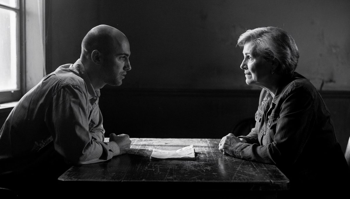 Two colleagues in tense neutral problem statement conversation, cinematic