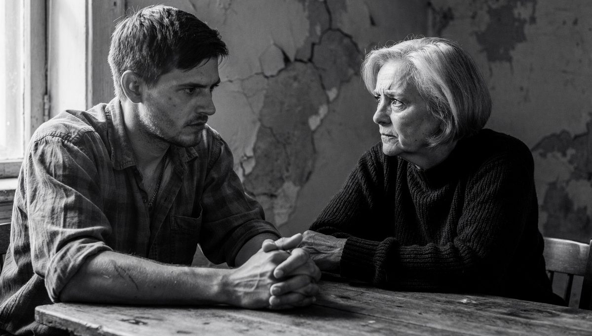 Two people in tense patient hearing conversation at wooden table