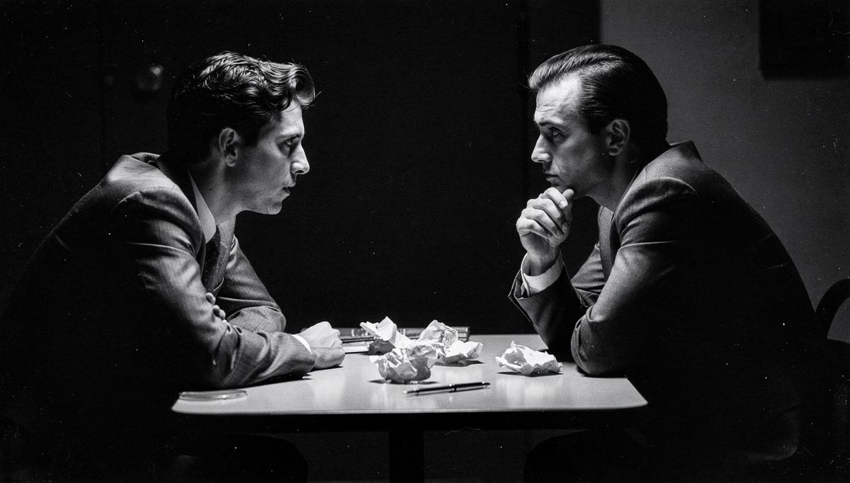 Two colleagues exchanging peer to peer feedback across table