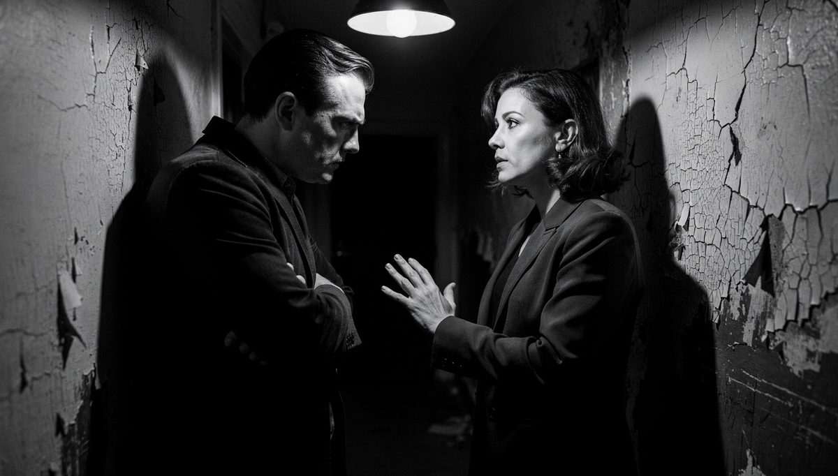 Two people in tense standoff showing physical expression conflict body language