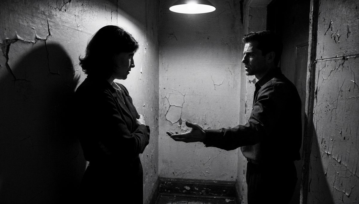 Two people meeting, one showing physical expression mistakes with closed posture