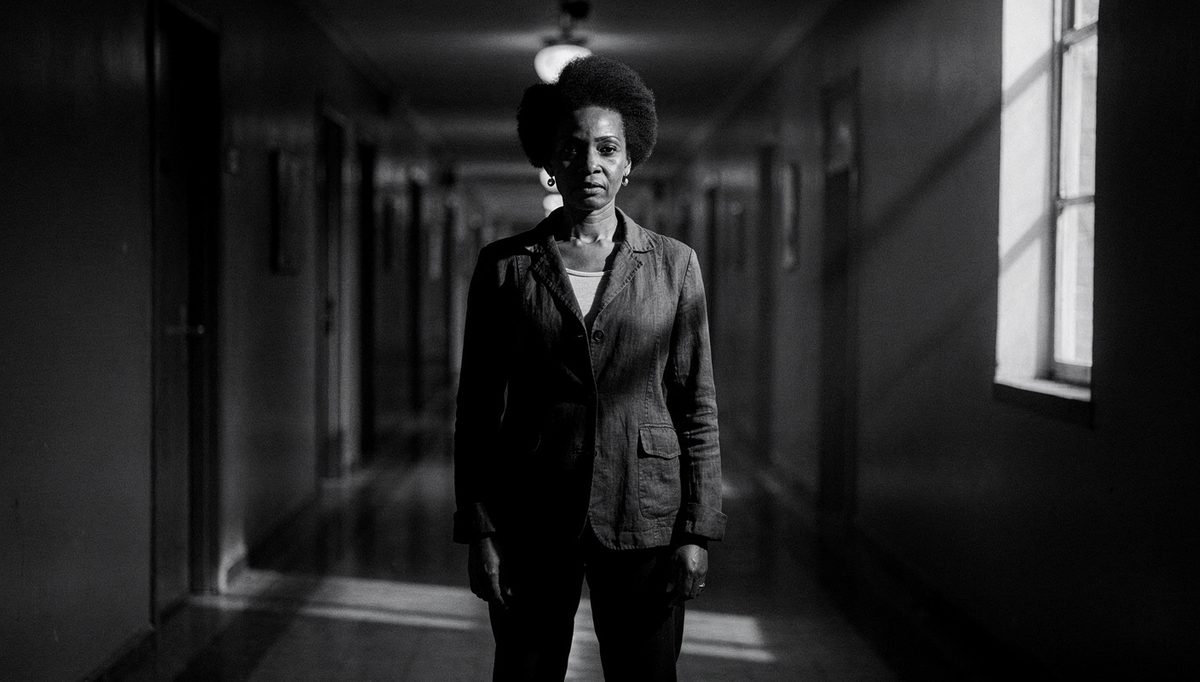Introvert woman projecting confidence through physical expression in corridor