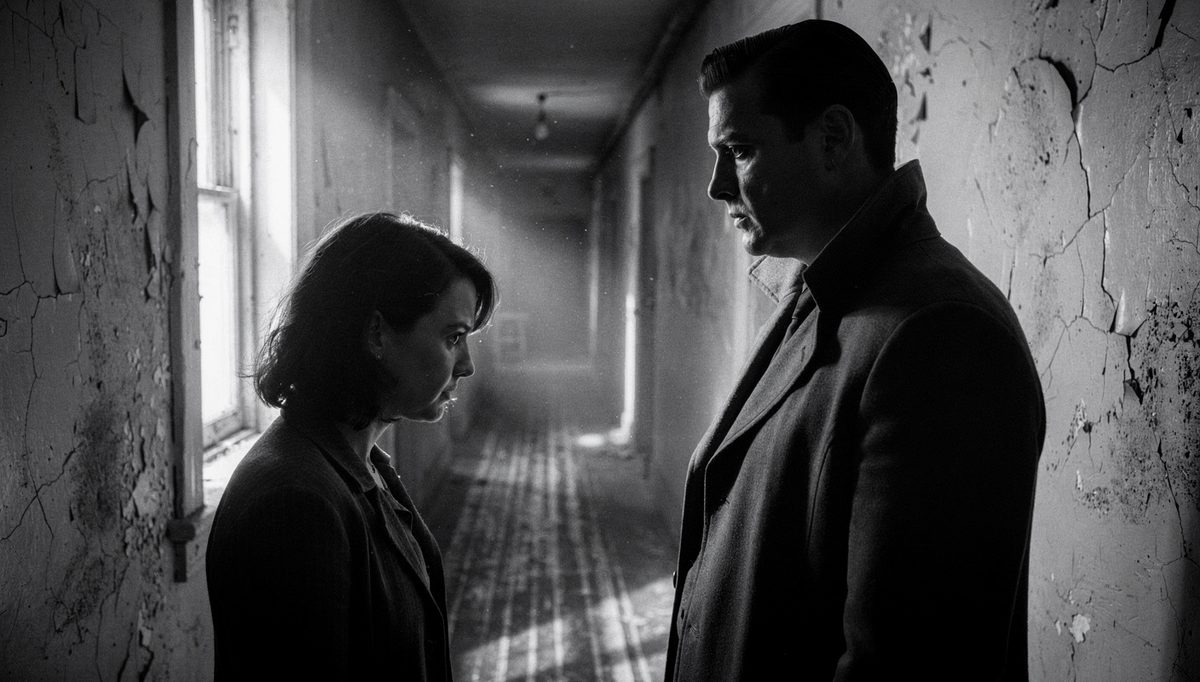 Two figures showing submission and dominance body language in a corridor