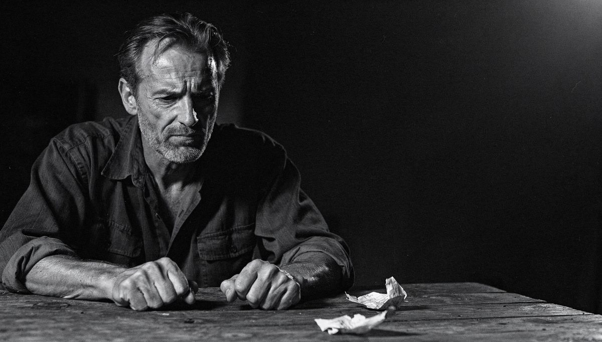 Man composing himself during de-escalating tense conflict at table