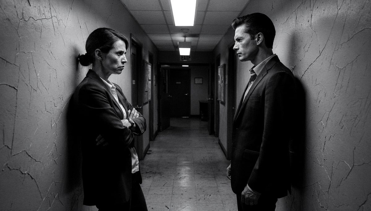 Two figures in tense corridor standoff, emotional control conflict