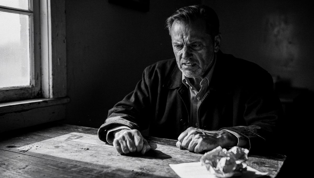 Man alone at table, secondary emotions anger visible in expression