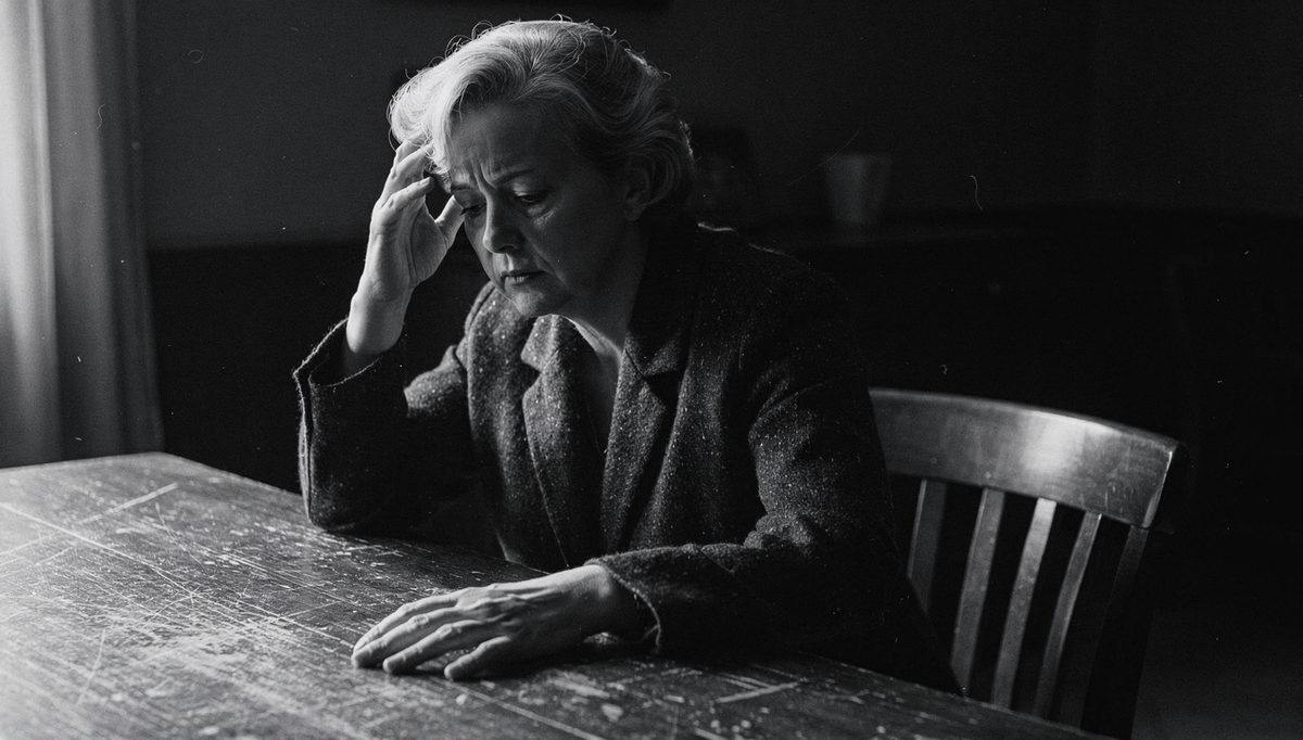 Exhausted woman alone at table reflecting on toxic traits recognition