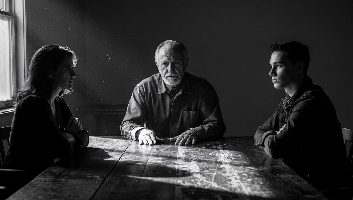 Third-party mediator seated between two conflicting parties at table
