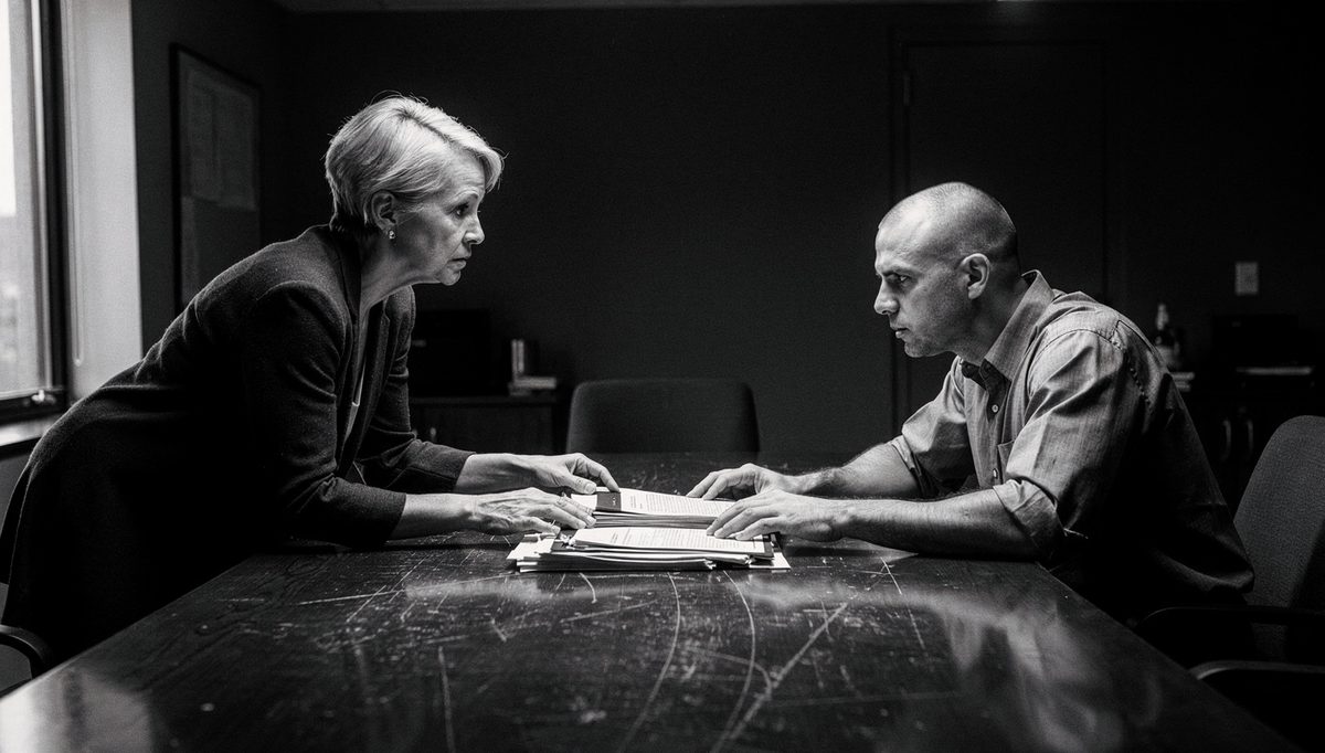 Two colleagues resolving role confusion scripts in tense discussion