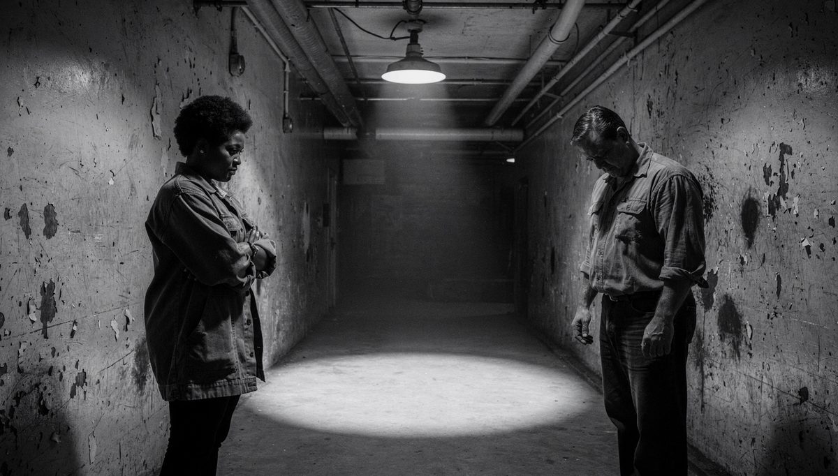 Two workers apart in corridor, tension management approach contrast