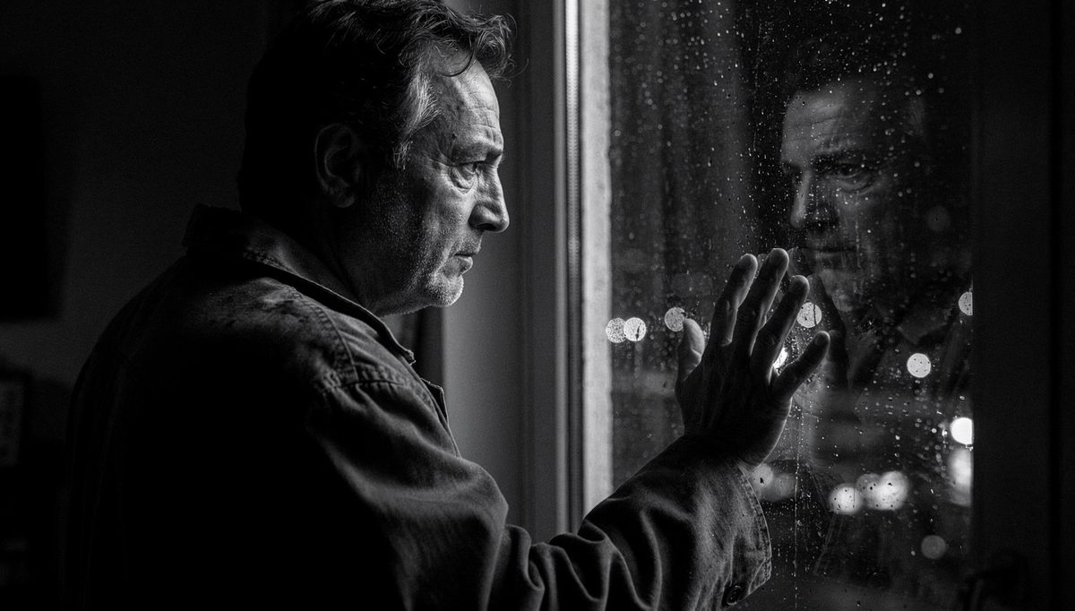 Man reflecting alone at window, representing emotional self-awareness