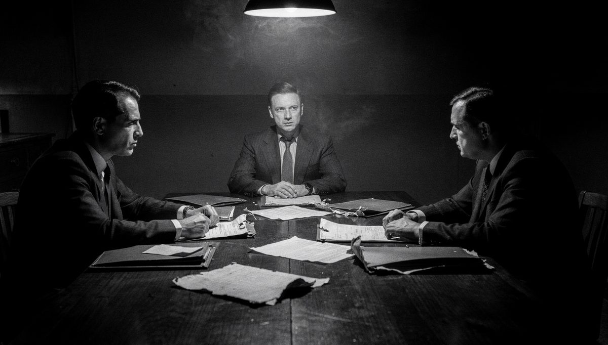 Two people in mediation and arbitration process across table