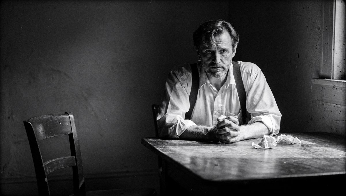 Solitary figure at table confronting toxic traits workplace tension