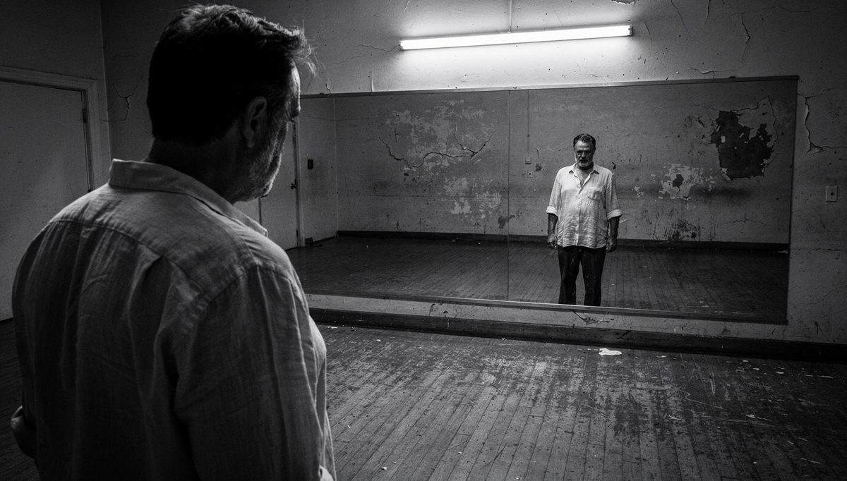 Man facing his reflection practicing physical expression in mirror