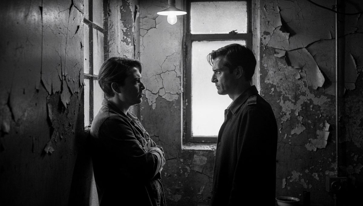 Two people in tense talk, neutral language conversations at work