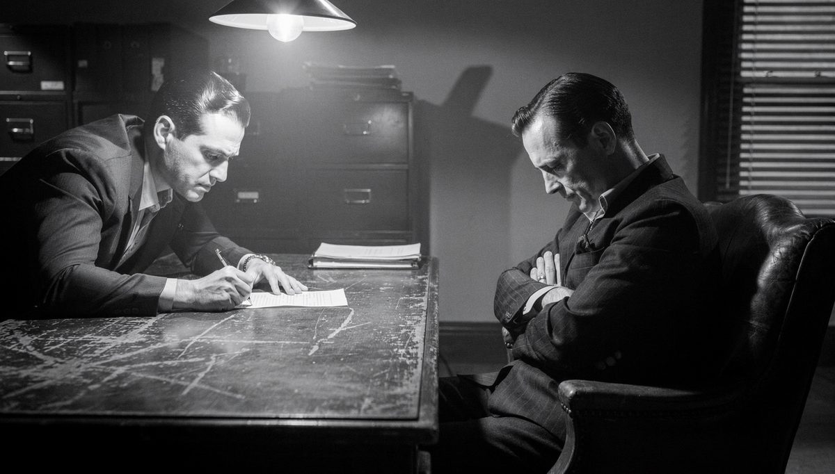 Two people negotiating setting the first offer across a desk
