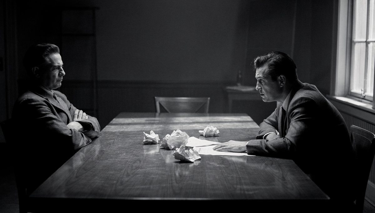 Two people in tense avoiding conflict negotiation across table