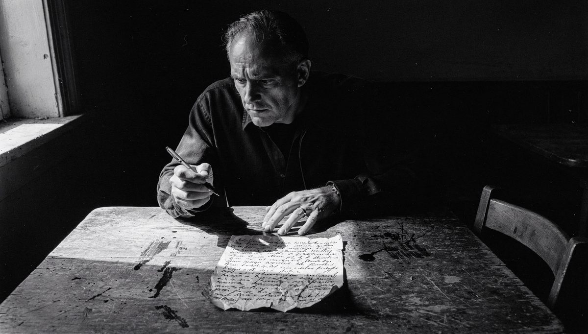 Man studying rehearsal trap feedback notes at weathered table
