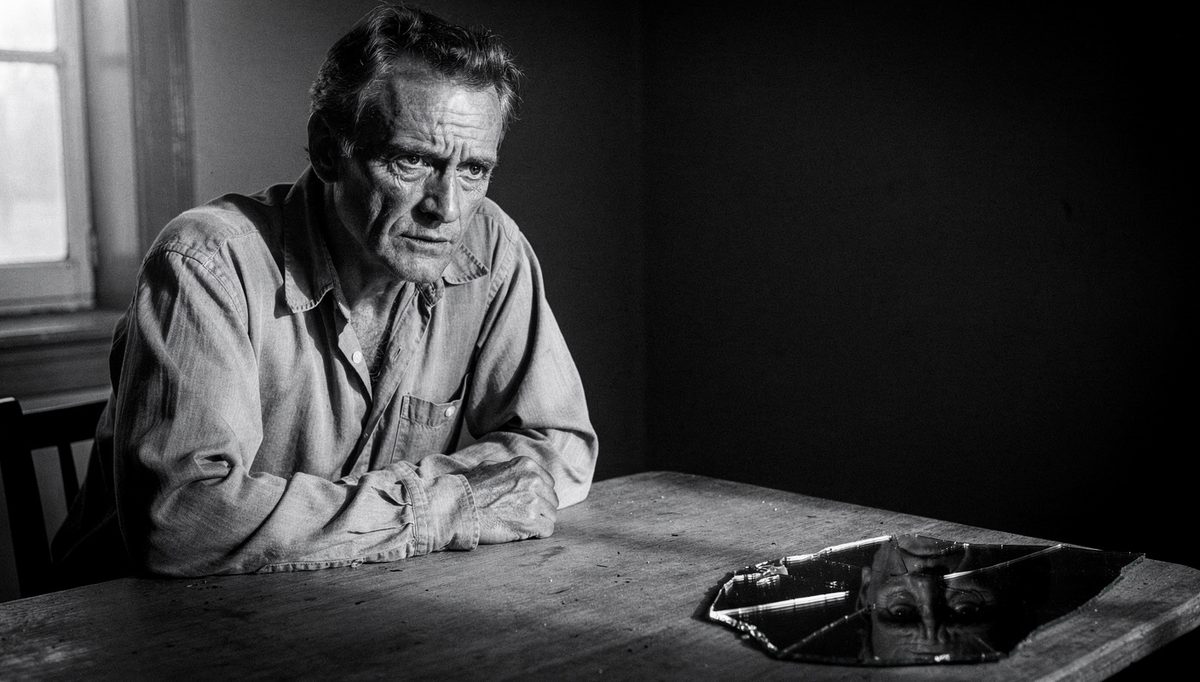 Man at bare table reflecting, self-awareness and authenticity
