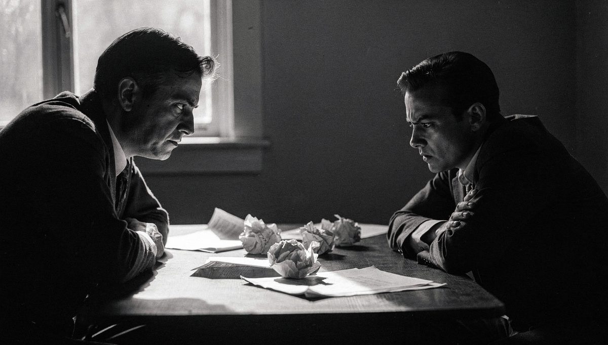 Two people in tense emotion in negotiation conflict standoff