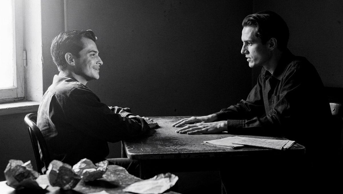 Two people in tense mediation sharing a moment of humor in mediation