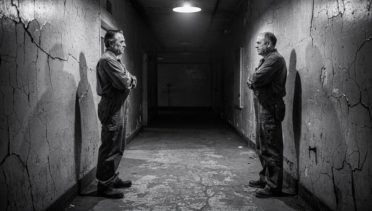 Two workers apart in corridor, workplace tension causes visible
