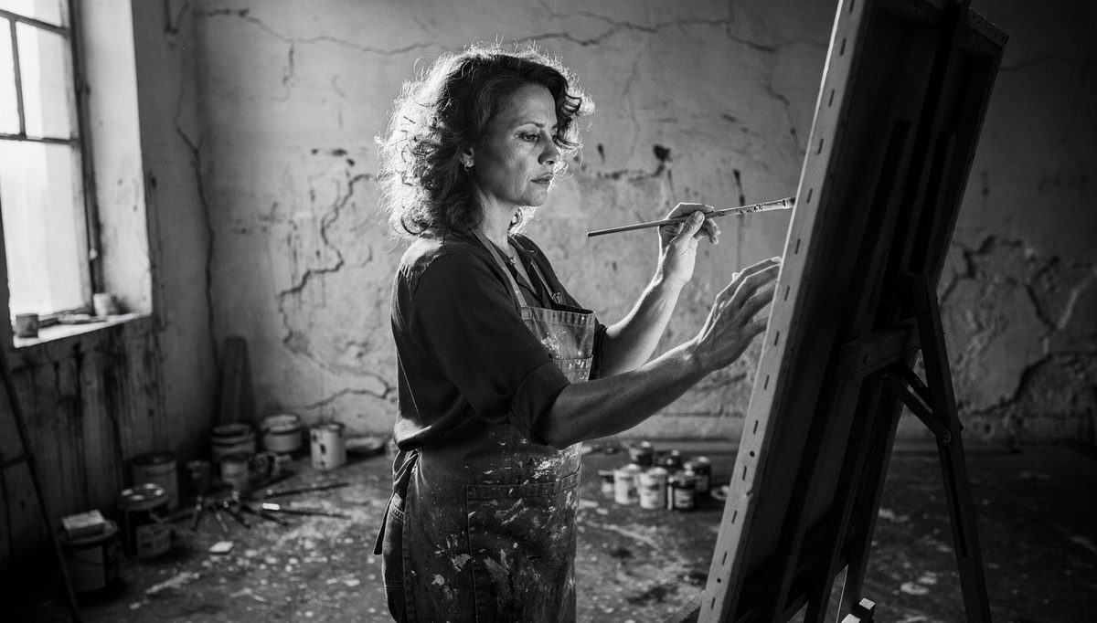 Woman painting with focused gaze, creative expression self-awareness