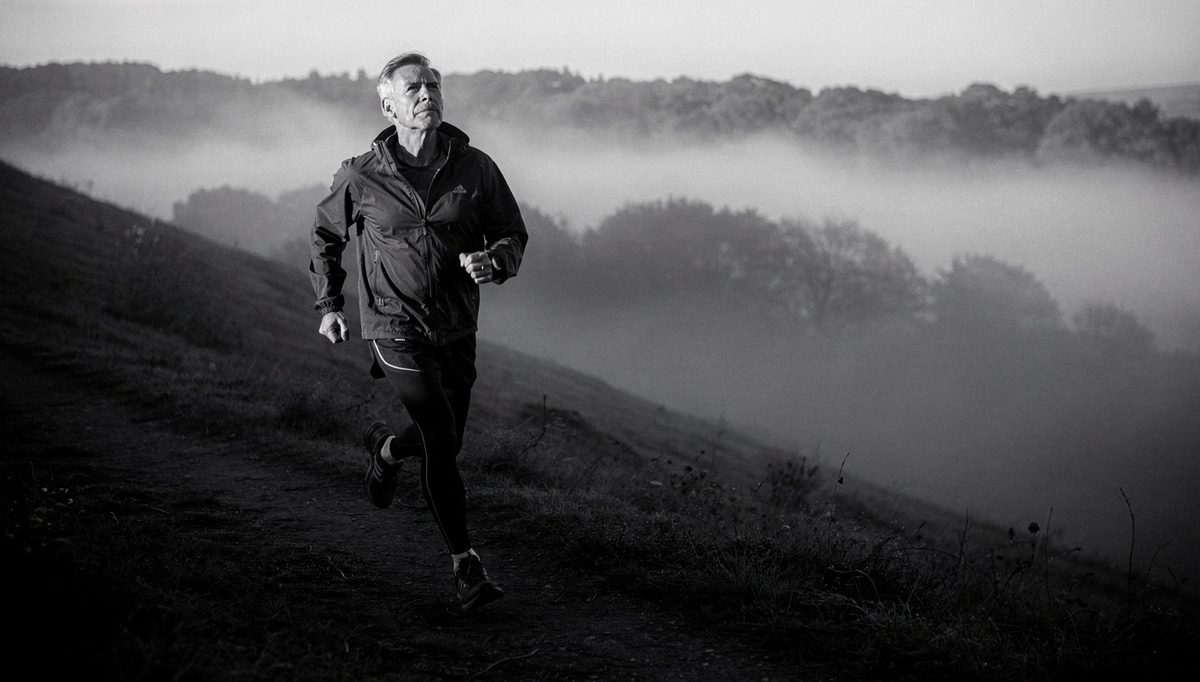 Man running on misty hillside, movement exercise self-awareness practice