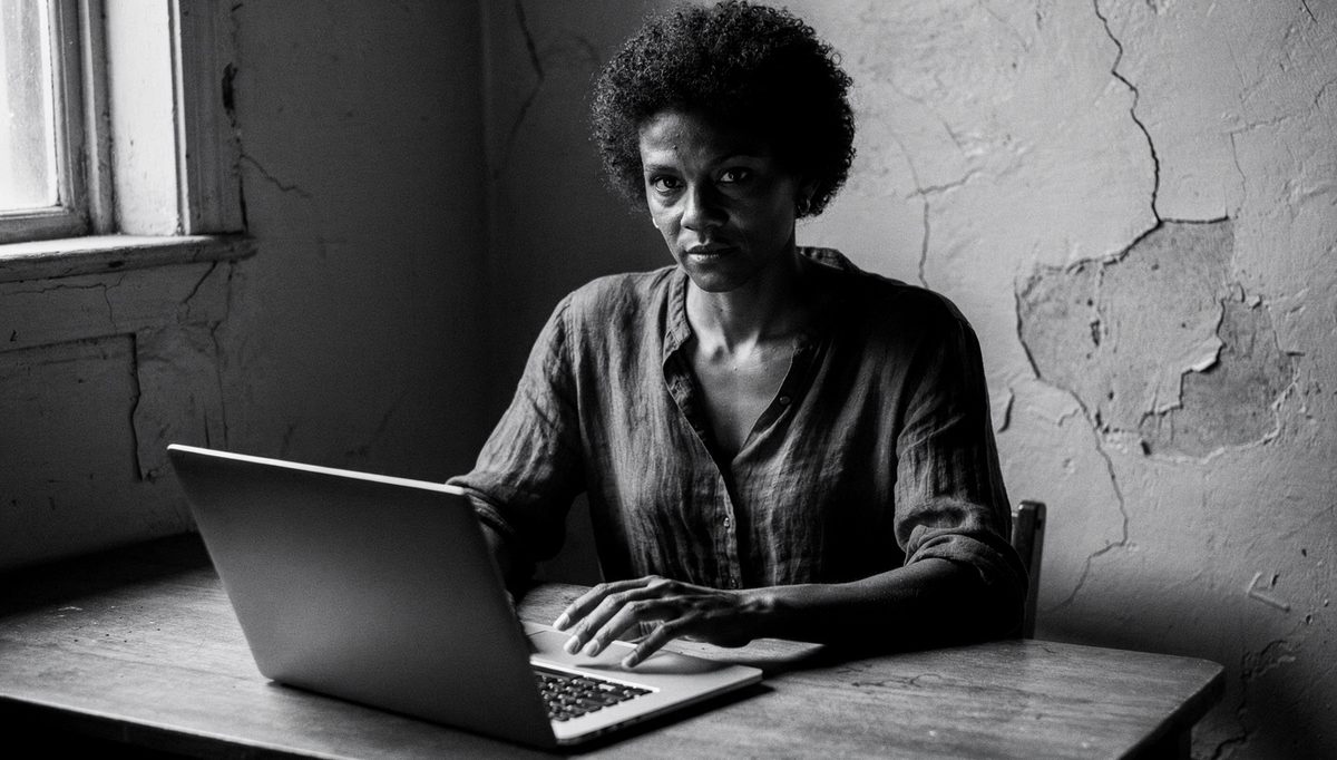 Woman practicing virtual body language at desk facing screen