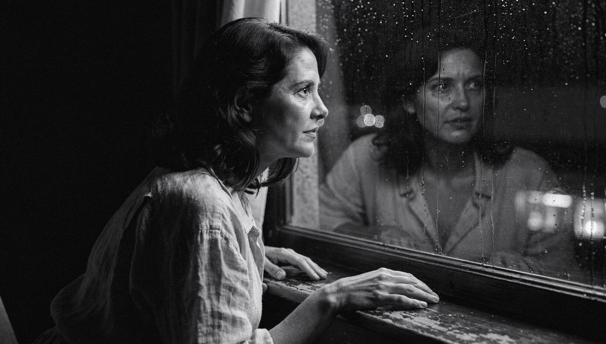Woman reflecting at window, self-awareness in love moment