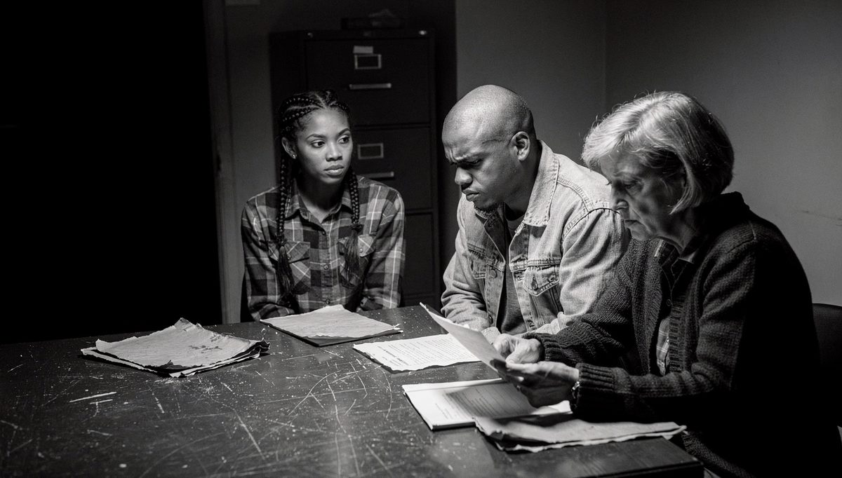 Three colleagues reviewing 360-degree feedback documents together, cinematic lighting