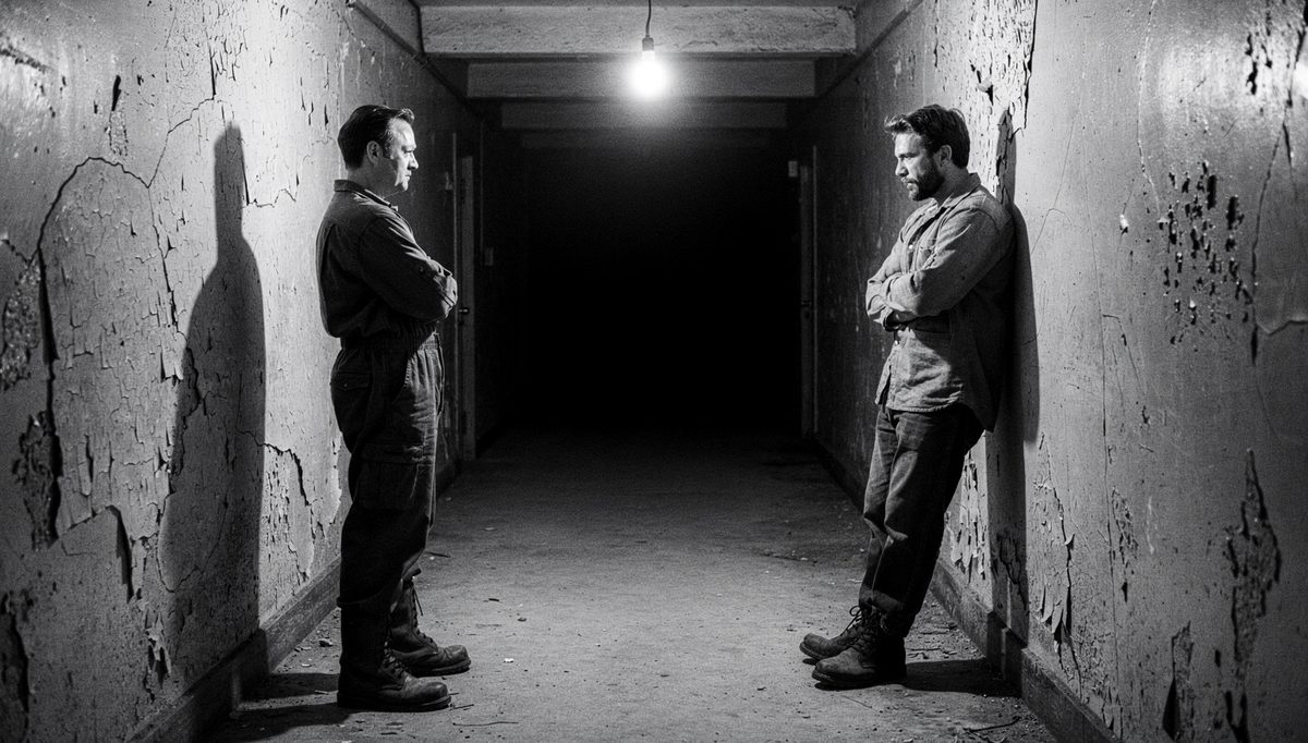 Two workers in tense silence, chronic workplace tension visible in body language