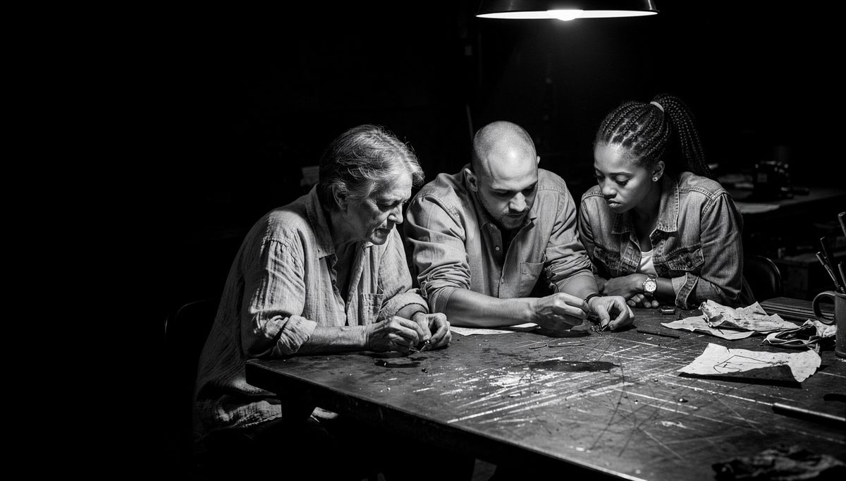 Three workers in deep collective flow during peak team synergy