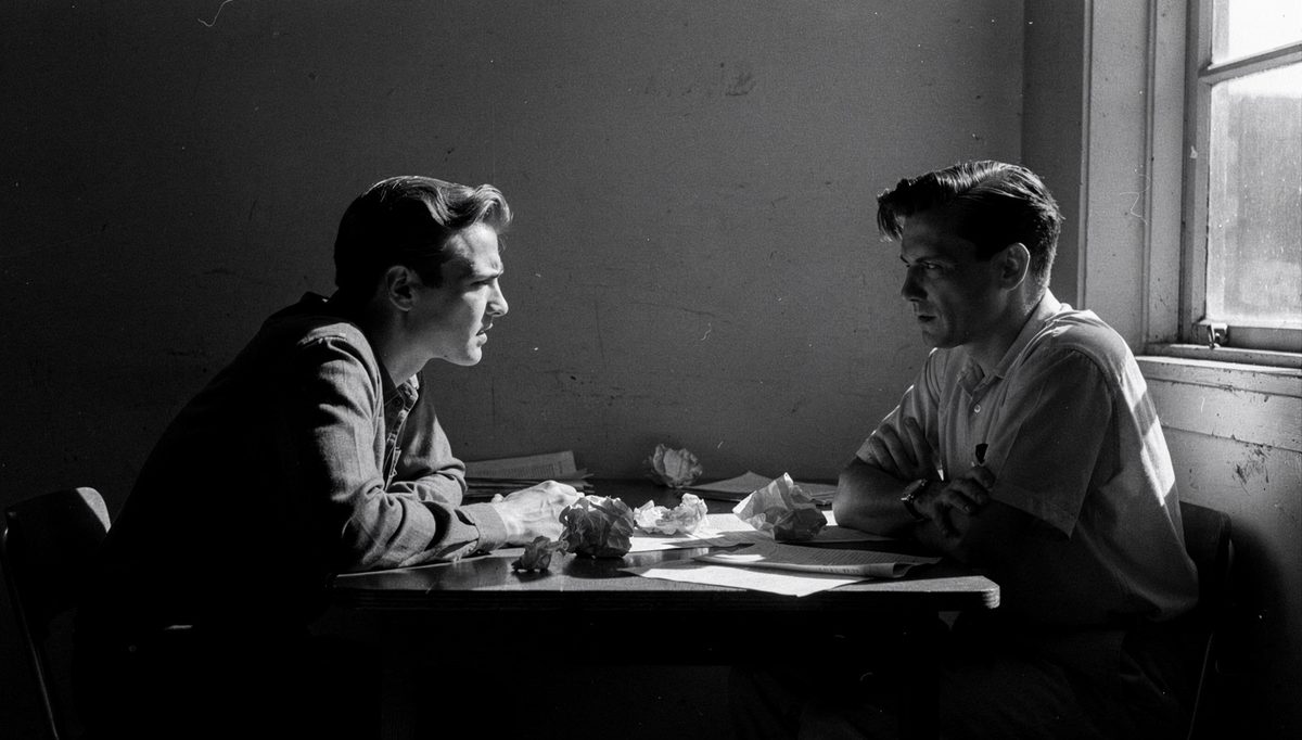 Two people facing off across table, conflict in negotiation